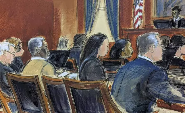In this courtroom sketch, flanked by defense attorneys Brian Steel, left, and Teny Garagos, Sean "Diddy" Combs, second from left, listens as Judge Arun Subramanian speaks during Combs' bail hearing, Wednesday, July 2, 2025, in Manhattan federal court in New York. (Elizabeth Williams via AP)