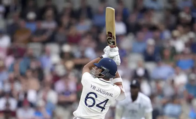 India's Yashasvi Jaiswal plays a shot during the fourth cricket test match between England and India at Emirates Old Trafford, Manchester, England, Wednesday, July 23, 2025.(AP Photo/Jon Super)