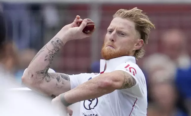England's captain Ben Stokes bowls a delivery during the fourth cricket test match between England and India at Emirates Old Trafford, Manchester, England, Wednesday, July 23, 2025.(AP Photo/Jon Super)