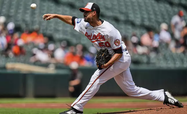 Baltimore Orioles starting pitcher Charlie Morton (50) delivers during the first inning in the first baseball game of a doubleheader against the Toronto Blue Jays, Tuesday, July 29, 2025, in Baltimore. (AP Photo/Stephanie Scarbrough)