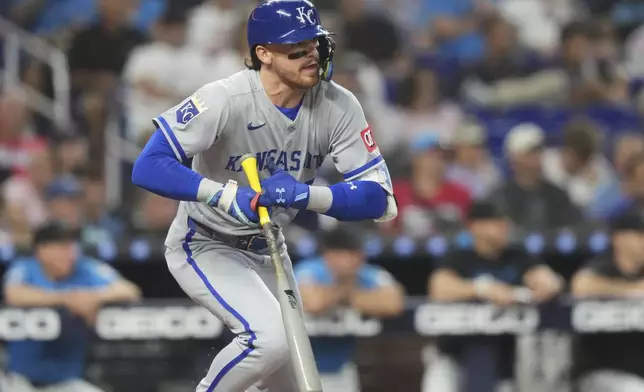 Kansas City Royals' Bobby Witt Jr. runs after hitting a double during the fourth inning of a baseball game against the Miami Marlins, Sunday, July 20, 2025, in Miami. (AP Photo/Lynne Sladky)