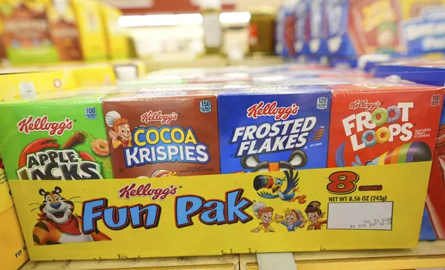 Kellogg's cereal products are shown at a grocery store in Richardson, Texas, Friday, July 11, 2025. (AP Photo/LM Otero)
