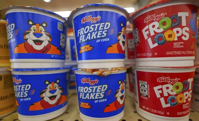 Kellogg's cereal products are shown at a grocery store in Richardson, Texas, Friday, July 11, 2025. (AP Photo/LM Otero)