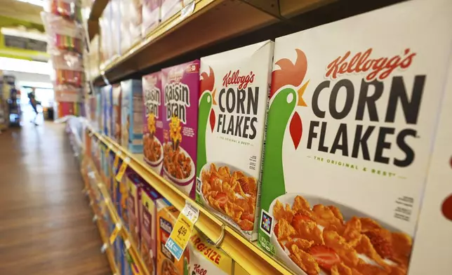 Kellogg's cereal products are shown at a grocery store in Richardson, Texas, Friday, July 11, 2025. (AP Photo/LM Otero)