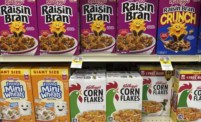 Boxes of Kellogg's breakfast cereal are seen at a super market, Friday, July 11, 2025, in Springfield, Pa. (AP Photo/Matt Slocum)