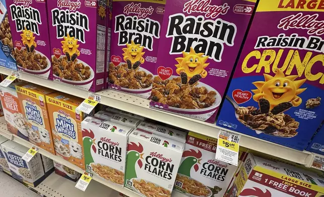 Boxes of Kellogg's breakfast cereal are seen at a super market, Friday, July 11, 2025, in Springfield, Pa. (AP Photo/Matt Slocum)