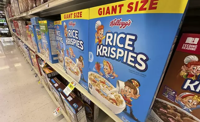 Boxes of Kellogg's breakfast cereal are seen at a super market, Friday, July 11, 2025, in Springfield, Pa. (AP Photo/Matt Slocum)