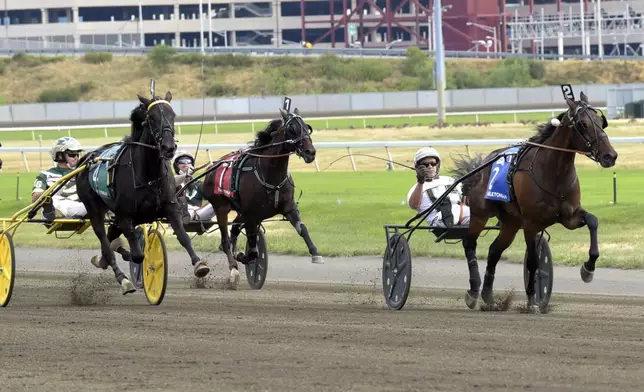 FILE - Pinkman (2), driven by Brian Sears, leads Mission Brief (4), driven by Yannick Gringras, and The Bank (1), driven by Johnny Takter, on the way to winning the Hambletonian harness horse race Saturday, Aug. 8, 2015, in East Rutherford, N.J. (AP Photo/Bill Kostroun, File)