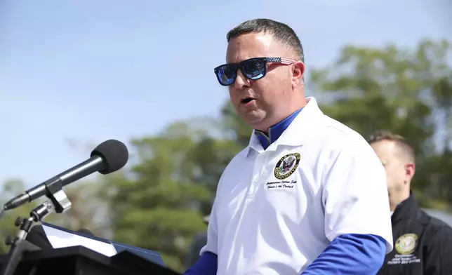 Rep. Darren Soto speaks outside the migrant detention facility dubbed "Alligator Alcatraz" during a news conference ahead of a tour of the Dade-Collier Training and Transition Facility, Saturday, July 12, 2025, in Ochopee, Fla. (AP Photo/Alexandra Rodriguez)