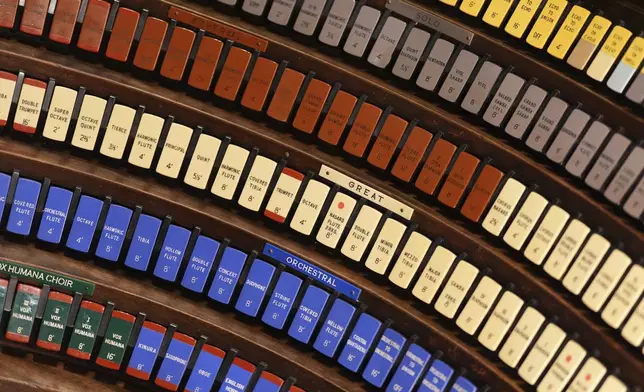 The console of the Wanamaker organ is seen before performance at the storied Wanamaker Building, July 24, 2025, in Philadelphia. (AP Photo/Matt Slocum)