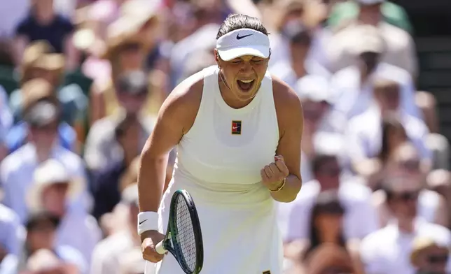Amanda Anisimova of the U.S. reacts during the women's singles semifinal match against Aryna Sabalenka of Belarus at the Wimbledon Tennis Championships in London, Thursday, July 10, 2025.(AP Photo/Kirsty Wigglesworth)