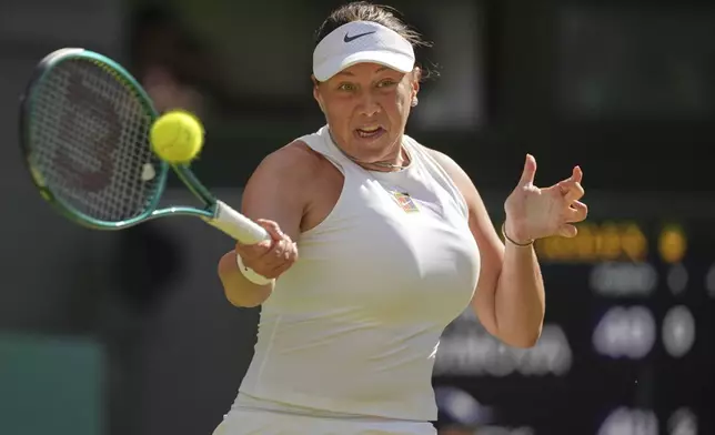 Amanda Anisimova of the U.S. returns to Poland's Iga Swiatek during the women's singles final at the Wimbledon Tennis Championships in London, Saturday, July 12, 2025. (AP Photo/Kin Cheung)
