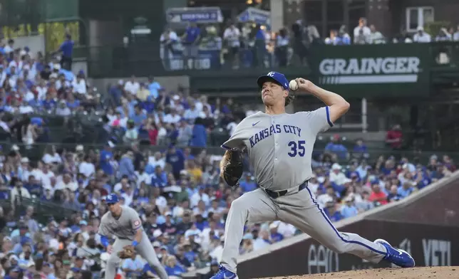 Kansas City Royals starting pitcher Rich Hill throws against the Chicago Cubs during the first inning of a baseball game in Chicago, Tuesday, July 22, 2025. (AP Photo/Nam Y. Huh)
