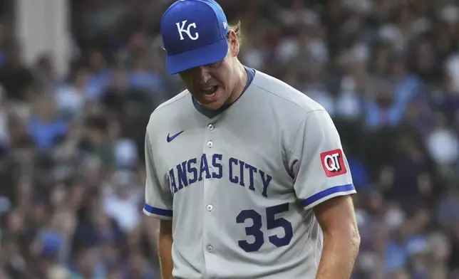 Kansas City Royals starting pitcher Rich Hill reacts as he walks back to the dugout after the second inning of a baseball game against the Chicago Cubs in Chicago, Tuesday, July 22, 2025. (AP Photo/Nam Y. Huh)