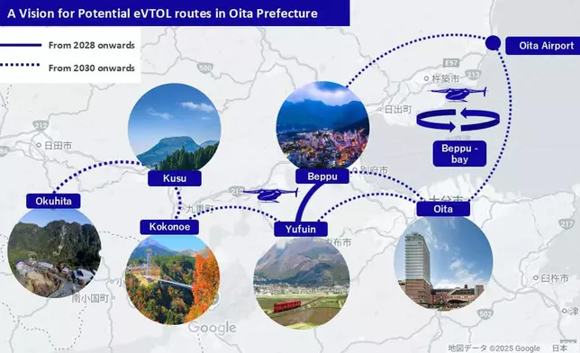 A vision for potential eVTOL routes in Oita Prefecture. As announced by JR Kyushu and SkyDrive.(*4) A research project utilizing the 'Subsidy for the Development of Advanced Air Mobility Commercial Services for Fiscal Year 2025' in Oita Prefecture has been launched.
