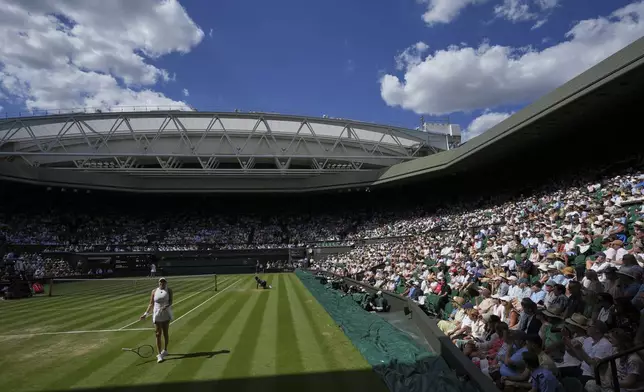 Amanda Anisimova of the U.S. drops her racquet after missing a shot against Aryna Sabalenka of Belarus during a women's singles semifinal match at the Wimbledon Tennis Championships in London, Thursday, July 10, 2025. (AP Photo/Kin Cheung)