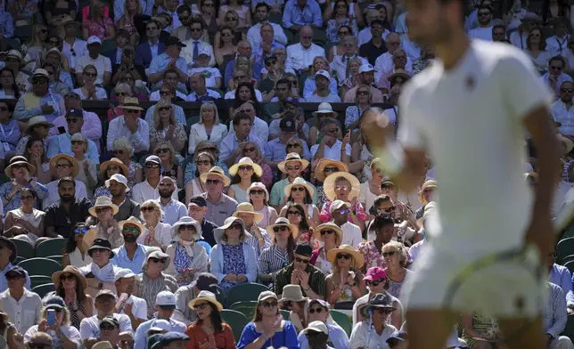 Spectators sit in the sun as they watch Spain's Carlos Alcaraz play Taylor Fritz of the U.S. in a men's singles semifinal at the Wimbledon Tennis Championships in London, Friday, July 11, 2025. (AP Photo/Kin Cheung)