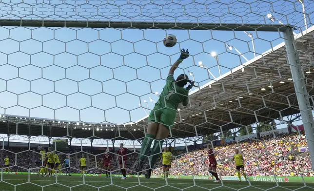 Denmark goalkeeper Maja Bay Ostergaard during the Euro 2025, group C, soccer match between Denmark and Sweden at Stade de Geneve in Geneva, Switzerland, Friday, July 4, 2025. (AP Photo/Alessandra Tarantino)