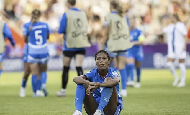 Iceland's Sveindis Jonsdottir reacts after the Euro 2025, group A, soccer match between Iceland and Finland at Arena Thun in Thun, Switzerland, Wednesday, July 2, 2025. (Alessandro della Valle)/Keystone via AP)