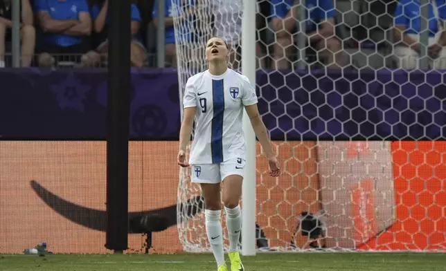 Finland 's Katariina Kosola reacts after missing an opportunity to score during the Euro 2025, group A, soccer match between Iceland and Finland at Arena Thun in Thun, Switzerland, Wednesday, July 2, 2025. (AP Photo/Alessandra Tarantino)