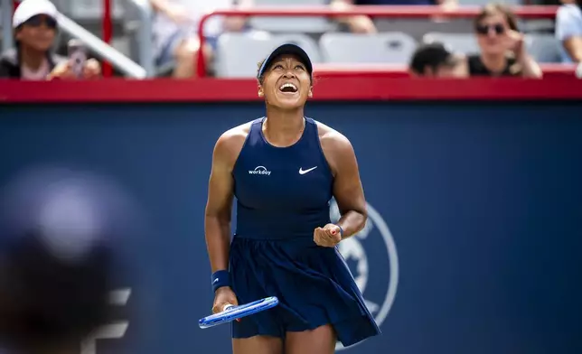 Naomi Osaka, of Japan, reacts during a match against Liudmila Samsonova, of Russia, at the National Bank Open women’s tennis tournament on Wednesday, July 30, 2025, in Montreal. (Christopher Katsarov/The Canadian Press via AP)