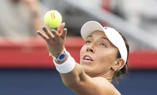 Jessica Pegula of the United States serves to Maria Sakkari of Greece during second round tennis action at the National Bank Open in Montreal, Wednesday, July 30, 2025. (Christinne Muschi/The Canadian Press via AP)