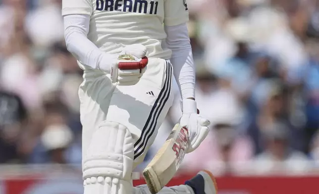 India's captain Shubman Gill celebrates after scoring a double century on day two of the second cricket test match between England and India at Edgbaston in Birmingham, England, Thursday, July 3, 2025. (AP Photo/Scott Heppell)