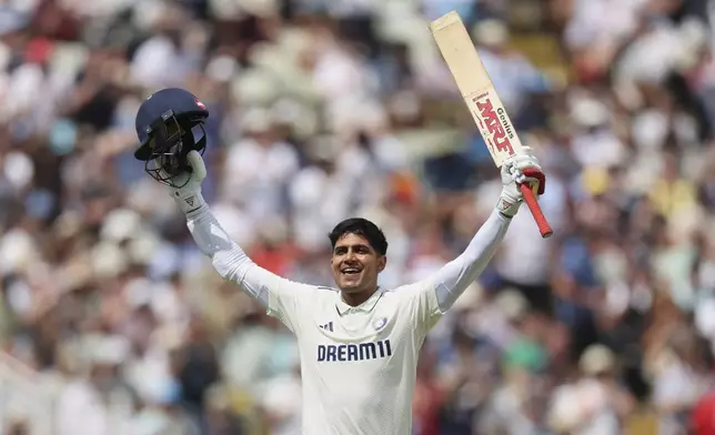India's captain Shubman Gill celebrates after scoring a double century on day two of the second cricket test match between England and India at Edgbaston in Birmingham, England, Thursday, July 3, 2025. (AP Photo/Scott Heppell)