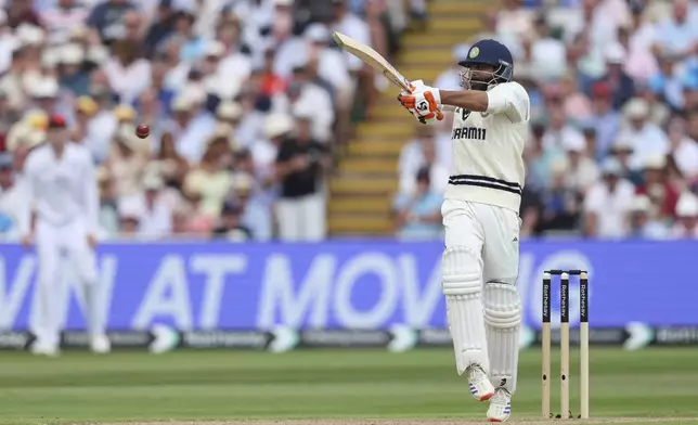 India's Ravindra Jadeja plays a shot on day two of the second cricket test match between England and India at Edgbaston in Birmingham, England, Thursday, July 3, 2025. (AP Photo/Scott Heppell)