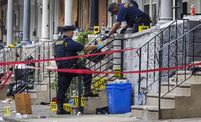 Crime Scene officers bag evidence at the scene of an overnight shooting in Philadelphia, early Monday, July 7, 2025. (Alejandro A. Alvarez/The Philadelphia Inquirer via AP)
