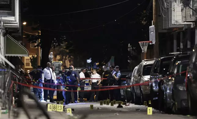 Police investigate the scene of an overnight shooting in Philadelphia, Monday, July 7, 2025. (Alejandro A. Alvarez/The Philadelphia Inquirer via AP)