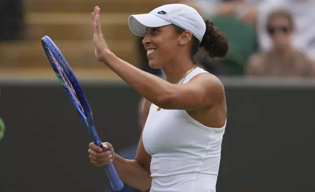 Madison Keys of the U.S. reacts after beating Olga Danilovic of Serbia in their second round singles match at the Wimbledon Tennis Championships in London, Wednesday, July 2, 2025. (AP Photo/Joanna Chan)