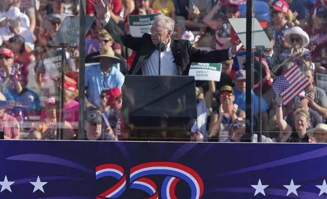Sen. Chuck Grassley, R-Iowa, speaks before President Donald Trump arrives at a rally, Thursday, July 3, 2025, in Des Moines, Iowa. (AP Photo/Charlie Neibergall)