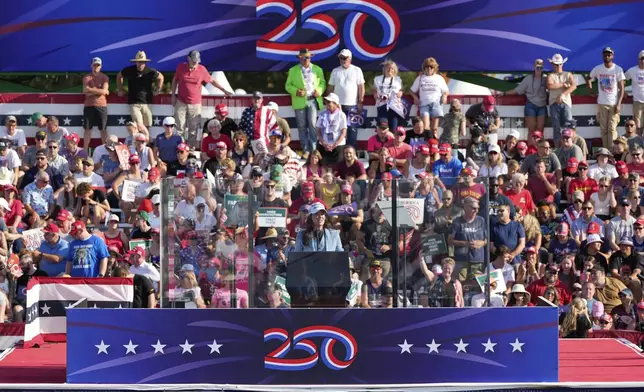Agriculture Secretary Brooke Rollins speaks before President Donald Trump arrives at a rally, Thursday, July 3, 2025, in Des Moines, Iowa. (AP Photo/Charlie Neibergall)