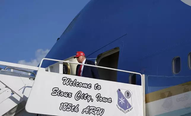 President Donald Trump arrives on Air Force One at Des Moines International Airport, Thursday, July 3, 2025, in Des Moines, Iowa. (AP Photo/Alex Brandon)