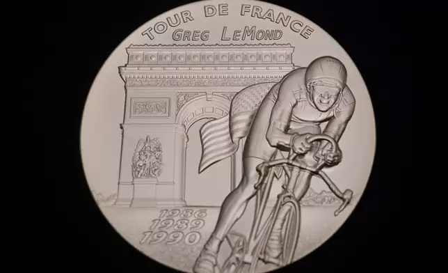 The Congressional Gold Medal, which was presented to three-time Tour de France winner Greg LeMond, during a ceremony at the Capitol, Wednesday, July 9, 2025, in Washington. (AP Photo/Rod Lamkey, Jr.)