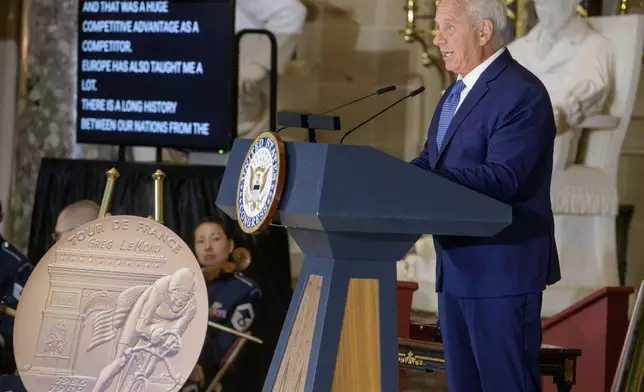 Three-time Tour de France winner Greg LeMond speaks after being presented with the Congressional Gold Medal during a ceremony at the Capitol, Wednesday, July 9, 2025, in Washington. (AP Photo/Rod Lamkey, Jr.)