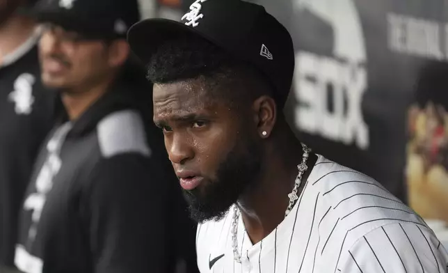 Chicago White Sox center fielder Luis Robert Jr. looks to the field before a baseball game against the Toronto Blue Jays in Chicago, Tuesday, July 8, 2025. (AP Photo/Nam Y. Huh)