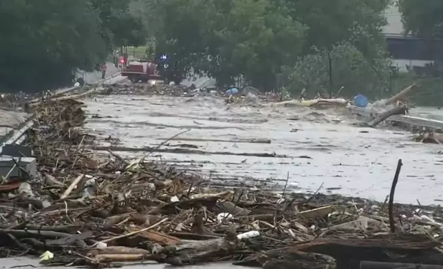 Water rises from severe flooding along the Guadalupe River.in Kerr County, Texas on Friday, July 4, 2025. (KSAT via AP)