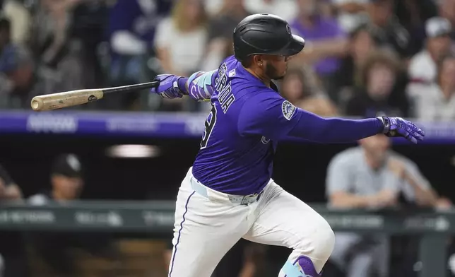 Colorado Rockies' Thairo Estrada grounds into a double play against Chicago White Sox relief pitcher Jordan Leasure to end the seventh inning of a baseball game Saturday, July 5, 2025, in Denver. (AP Photo/David Zalubowski)