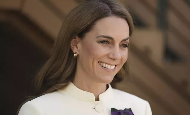Britain's Kate, Princess of Wales arrives to attend the women's singles final between Poland's Iga Swiątek and Amanda Anisimova of the US at the Wimbledon Tennis Championships in London, Saturday, July 12, 2025. (Jordan Pettitt/Pool via AP)