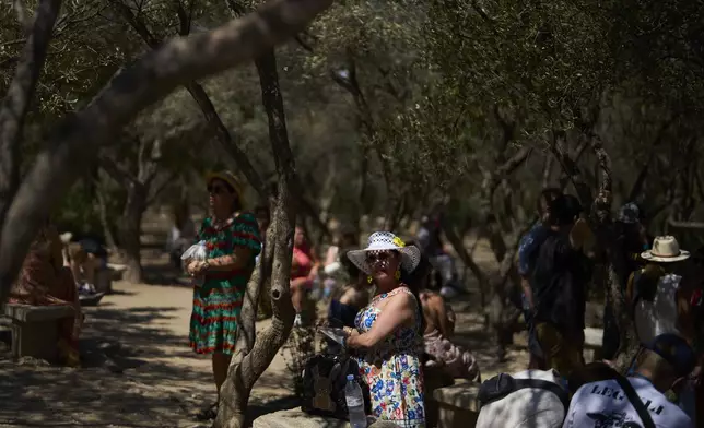 Tourists rest in the shade as they wait to enter the Acropolis of Athens, Monday, July 7, 2025, while authorities in Greece impose mandatory work stoppages in parts of the country where temperatures are expected to exceed 40 degrees Celsius (104 Fahrenheit). (AP Photo/Petros Giannakouris)