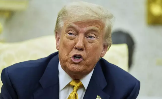 President Donald Trump speaks during a meeting with Bahrain's Crown Prince Salman bin Hamad Al Khalifa in the Oval Office of the White House, Wednesday, July 16, 2025, in Washington. (AP Photo/Alex Brandon)