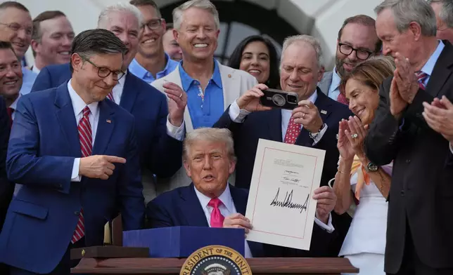 President Donald Trump holds his signed his signature bill of tax breaks and spending cuts at the White House, Friday, July 4, 2025, in Washington, surrounded by members of Congress. (AP Photo/Julia Demaree Nikhinson)