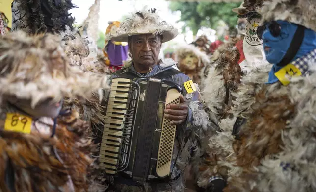 A musician plays an accordion during a Mass celebrating Saint Francisco Solano, in Emboscada, Paraguay, Thursday, July 24, 2025. Hundreds of Catholic parishioners in Paraguay don bird-like costumes and parade down the streets to honor the 16th century saint said to possess miraculous powers. (AP Photo/Jorge Saenz)