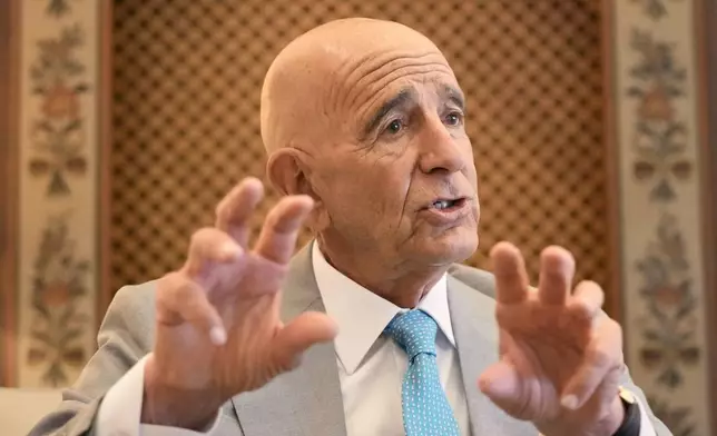 U.S. Ambassador to Turkey and Special Envoy to Syria Tom Barrack speaks during an interview with The Associated Press at the U.S. Embassy in Aukar, northern suburb of Beirut, Lebanon, Monday, July 21, 2025. (AP Photo/Hassan Ammar)
