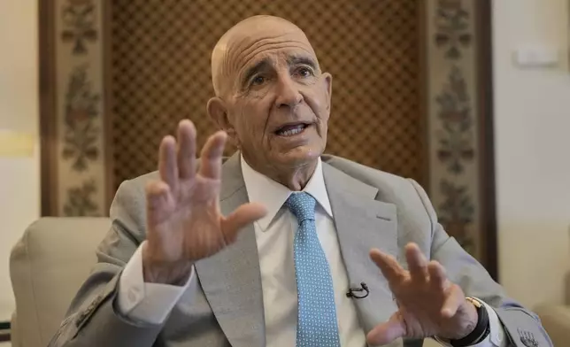 U.S. Ambassador to Turkey and Special Envoy to Syria Tom Barrack speaks during an interview with The Associated Press at the U.S. Embassy in Aukar, northern suburb of Beirut, Lebanon, Monday, July 21, 2025. (AP Photo/Hassan Ammar)