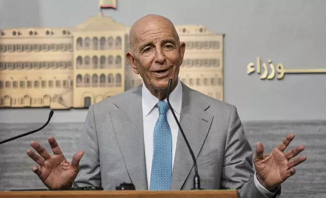 U.S. Ambassador to Turkey and Special Envoy to Syria Tom Barrack speaks during a press conference at the government palace in Beirut, Lebanon, Monday, July 21, 2025. (AP Photo/Bilal Hussein)