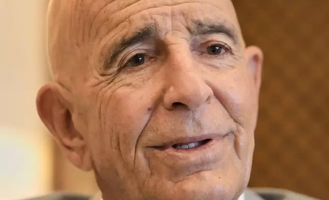 U.S. Ambassador to Turkey and Special Envoy to Syria Tom Barrack speaks during an interview with The Associated Press at the U.S. Embassy in Aukar, northern suburb of Beirut, Lebanon, Monday, July 21, 2025. (AP Photo/Hassan Ammar)