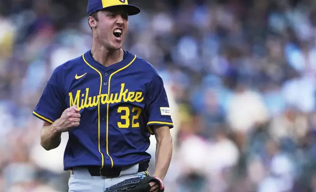 Milwaukee Brewers starting pitcher Jacob Misiorowski reacts after striking out Seattle Mariners' Dominic Canzone to retire the side during the second inning of a baseball game Tuesday, July 22, 2025, in Seattle. (AP Photo/Lindsey Wasson)